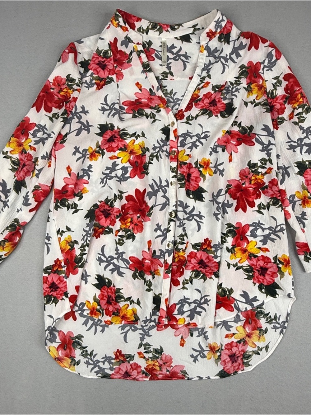 DNA Couture Floral Crepe Blouse Womens L 3/4 Sleeve Button Front Workwear